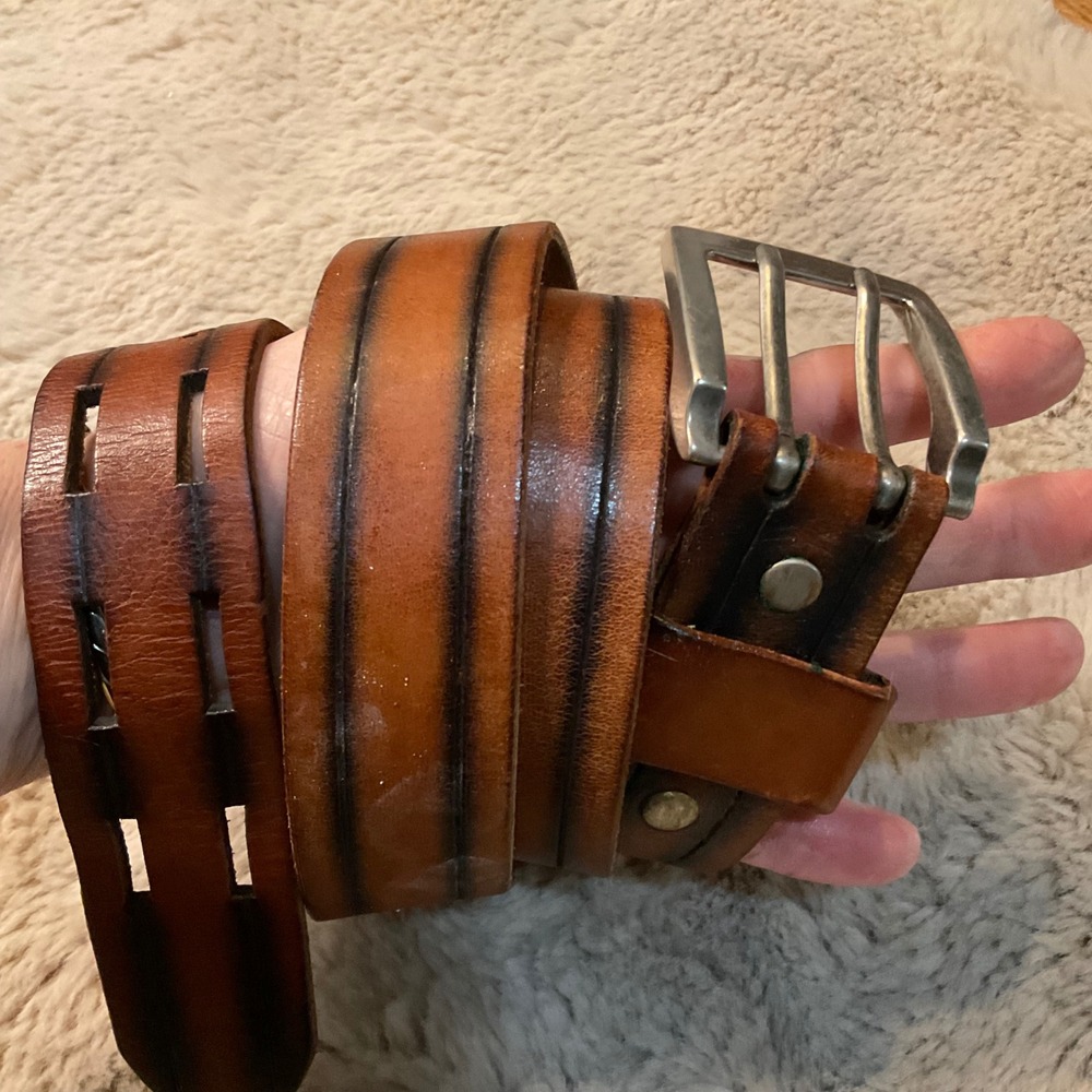 BAD Leather Belt Size 38 Brown Leather Double Post Mens